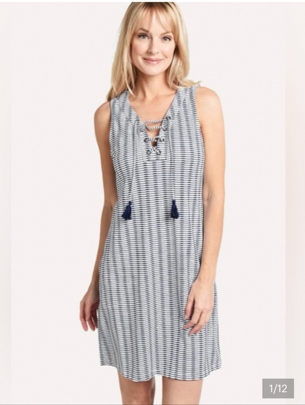 Tommy Bahama Navy and White Lace-Up Tassel Shift Dress With Pockets